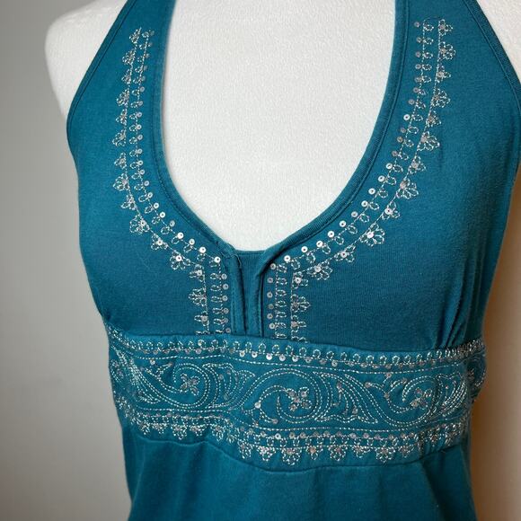 Y2K Turquoise Embroidered Bead Halter Top Blue Sz Large Fairy Pixie Boho Tie - Picture 4 of 8